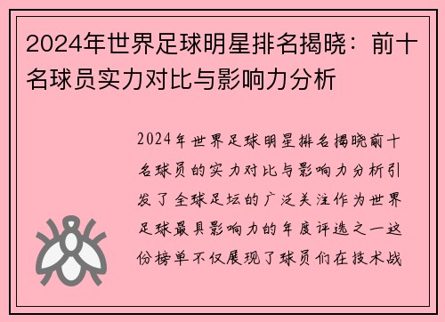 2024年世界足球明星排名揭晓：前十名球员实力对比与影响力分析